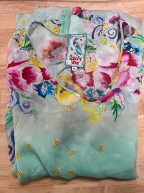 Johnny Was Floral Watercolor Sheer Top in Mint, Pink, Yellow, Blue